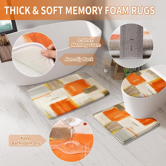 Bathroom Accessories Set - 25PC Bathroom Set with Shower Curtain and Rugs, Orange Bathroom Set, Bathroom Accessory Set with Press-on Lid Trash Can, Soap Dispenser and Qtip Holders