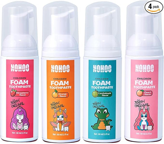 NOHOO Fluoride Free Foam Toothpaste Kids Fruit Flavour,Natural Training Toothpaste for Baby Toddler Children Oral Cleaning and Cavity Protection Strawberry Orange Peach Cantaloupe