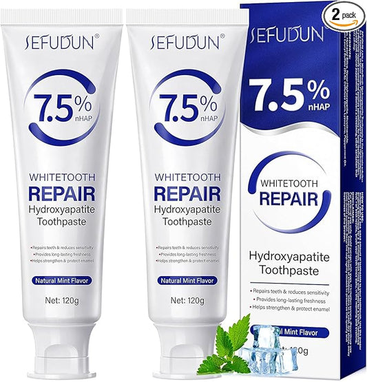 Fluoride Free 7.5% Hydroxyapatite Toothpaste, (2pcs) Nano Hydroxyapatite Toothpaste for Remineralizing Enamel, Sensitive Teeth, Tooth Strengthening, Fresh Mint, Daily Use for Oral Care