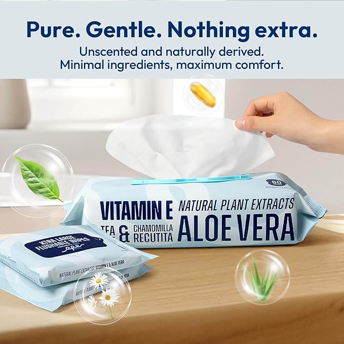 Flushable Wet Wipes - 6 Large Packs (360 Ct) - Unscented Extra-Large Body & Hand Tissue with Vitamin E & Aloe - For Adults, Children & Kids - Ideal for Home, Bathroom, Car & Everyday Hygiene