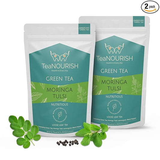 TeaNOURISH Moringa Tulsi Green Tea | Darjeeling Loose Leaf Tea | 100% Natural Moringa & Tulsi Leaves | Immune Support Tea - 3.53oz/100g (Pack of 2)