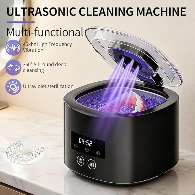 Ultrasonic denture cleaner, Retainer Cleaner Machine for Dentures, Mouth Guards, Braces, Toothbrush Heads, Jewelry, 45kHz Retainer Cleaning, 3 Modes for All Denture Appliances (Black)