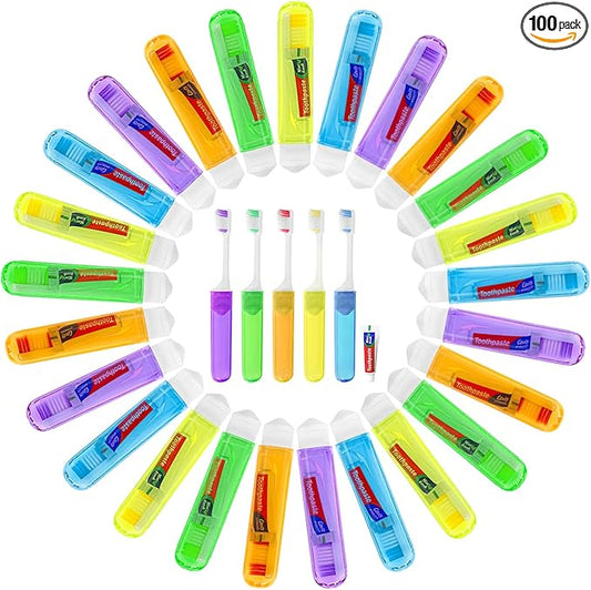 Travel Toothbrush, Toothbrush and Toothpaste Travel Set, Individually Packaged, Includes Storage Case, Foldable Design, 5 Colors, Ideal for Business Trips, and Hotels (100-PACK)
