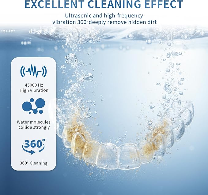 Ultrasonic Retainer Cleaner Machine - 45kHz Dental Cleaning for Retainer Cleaner, Denture, Mouth Guard, Aligner, Jewelry Cleaner, Toothbrush Heads with Dual Mode & 250ML Capacity, White