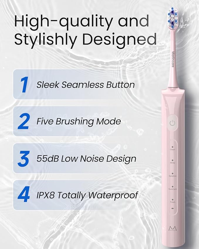 Electric Toothbrush for Adults, Rechargeable Sonic Travel Toothbrush Teens with 4 Brush Heads-180 Days Battery Life, 55000VPM, 5 Modes Smart Timer& Travel Case, Pink