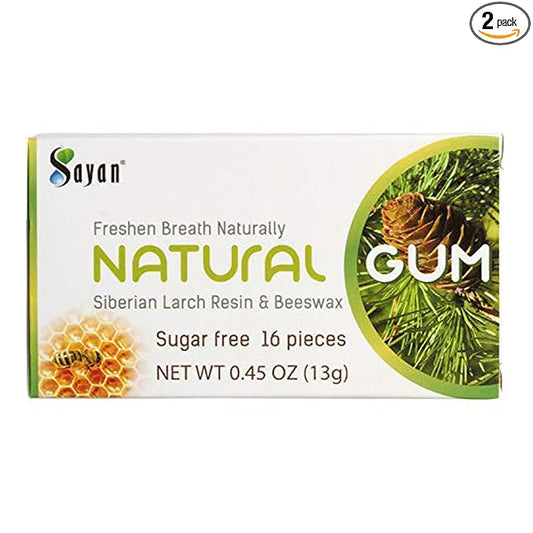 Sayan Sugar Free All Natural Gum, Siberian Larch Tree Resin and Beeswax Chewing Gum for Fresh Breath, Vegetarian, Non-GMO, No Sugar, Gluten Free, Aspartame Free, No Preservatives - 2 Packs (32 Pieces)