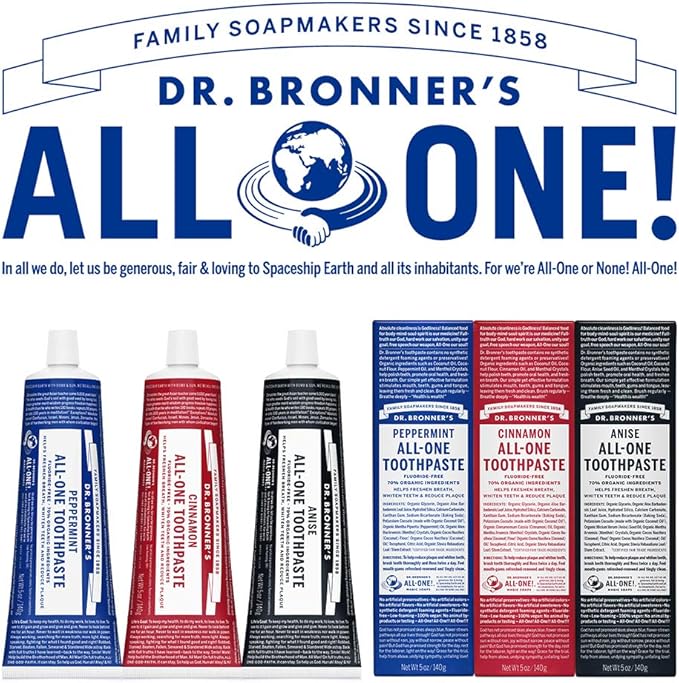 Dr. Bronner's All-One Toothpaste 4-Pack Variety– (Peppermint, Spearmint, Cinnamon, Anise, 5oz Each)– 70% Organic Ingridients, SLS Free Toothpaste, Fluoride Free, Natural, Vegan, for Sensitive Teeth