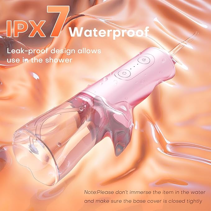 Water Dental Flosser - Portable Cordless Oral Irrigator 300ML, Rechargeable IPX7 Waterproof Irrigation Cleaner for Teeth Cleaning & Flossing, Travel & Home Use (Pink)