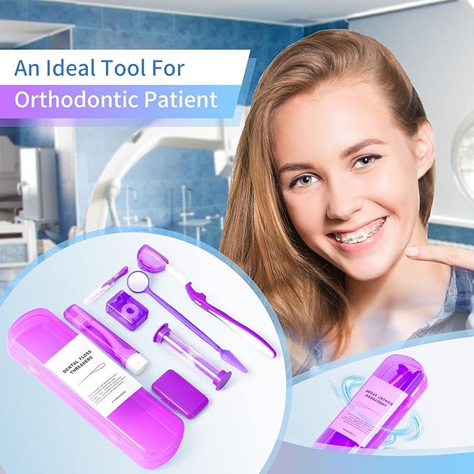 Annhua Braces Kit Cleaning Tools Boxed 8 Pack for Orthodontic, Portable Travel Dental Pick Tool Set for Braces, Interdental Brush, Ortho Wax, Floss, Oral Mirror Included - Purple