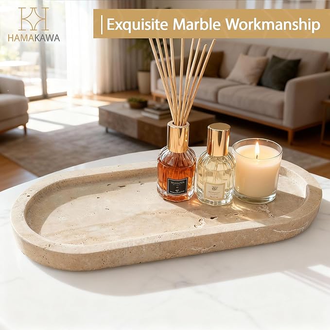 Bathroom Vanity Tray, Natural Marble Oval Tray 10 Inch, Beige Travertine Vanity Tray for Soap Dispenser Modern Countertop Organizer for Kitchen Countertops, Home Decor
