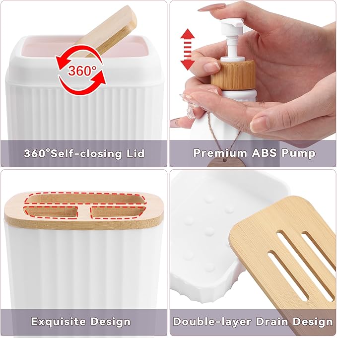 32PCS White Bathroom Accessories Set with Shower Curtain,Bath Towel,Trash Can,3PCS Lotion Soap Dispenser,Toothbrush Holder,Soap Dish,Tumbler Cup,6PCS Wood Tags Bath Accessories with Tray