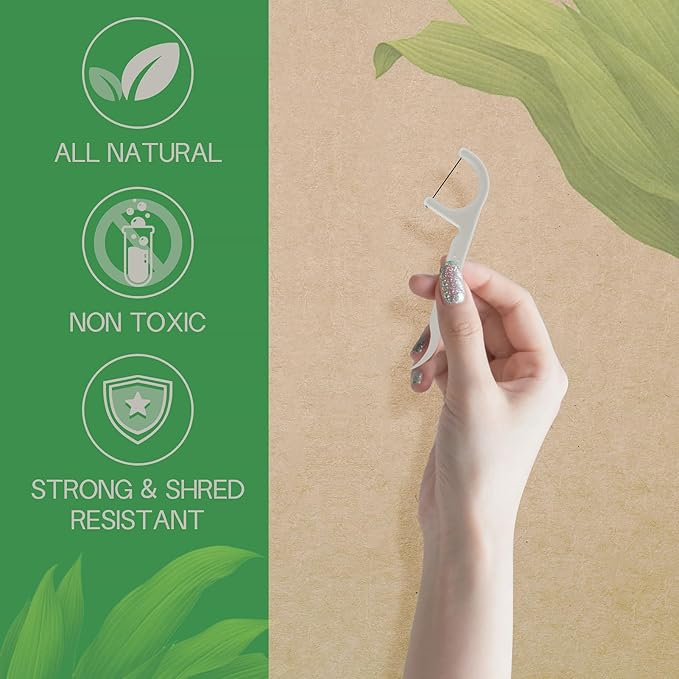 EasyHonor Organic Dental Floss Picks - Natural Biodegradable Floss Sticks with Strong Bamboo Charcoal Thread & Vegan Corn Starch Handle.(100PCS)
