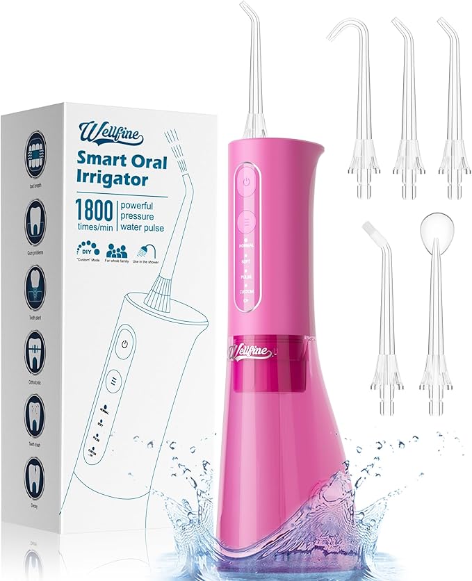 WELLFINE Water Dental Flosser Teeth Pick - 4 Modes Cordless Oral Irrigator 300ML Portable Rechargeable IPX7 Waterproof Powerful Battery Life Water Dental Piks for Cleaning for Home Travel (Magenta)