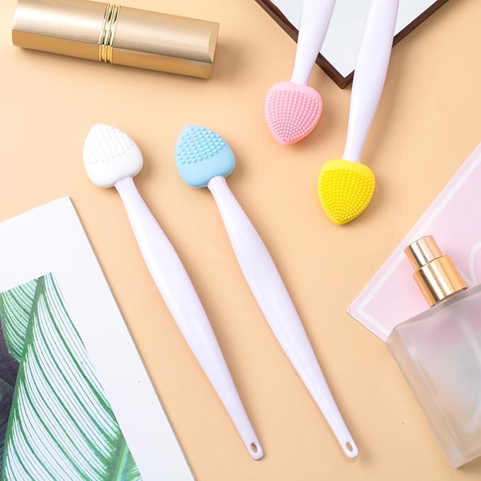 4pcs Lip Scrub Brush, Silicone Heart Lip Exfoliator Brushes Scrubber Tool, Double-Sided Lip Cleaning Exfoliating Remove Dead Skin Tool for Men Women Dark Lips- Pink & White & Blue & Yellow