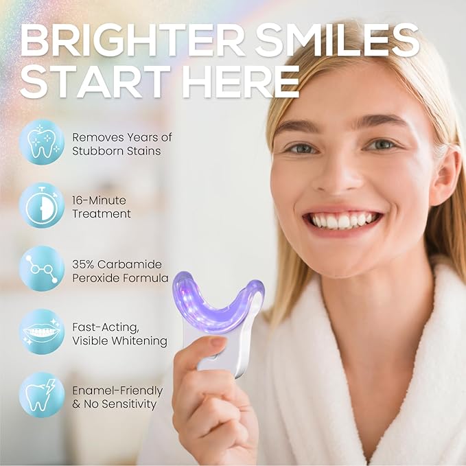 Venus Visage Teeth Whitening Kit with LED Light Device - Includes 3 Carbamide Peroxide Gel Pens, Teeth Whitening Trays & Remineralization Pens - 16 Min Non Sensitive