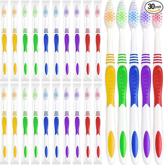 Bulk Toothbrushes 30 Pack Colorful Individually Wrapped Disposable Soft Large Brush Head Ergonomics Handle Oral Set for Adults Kids Travel Hotel OCC Airbnb Dentist (30)