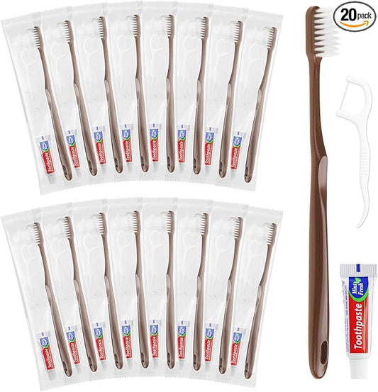 Disposable Toothbrushes with Toothpaste, Travel Toothbrush Kit, Individually Packaged, Brown, with Floss Picks, Suitable for Hotel, Home, Camping, Travel (20-Pack)
