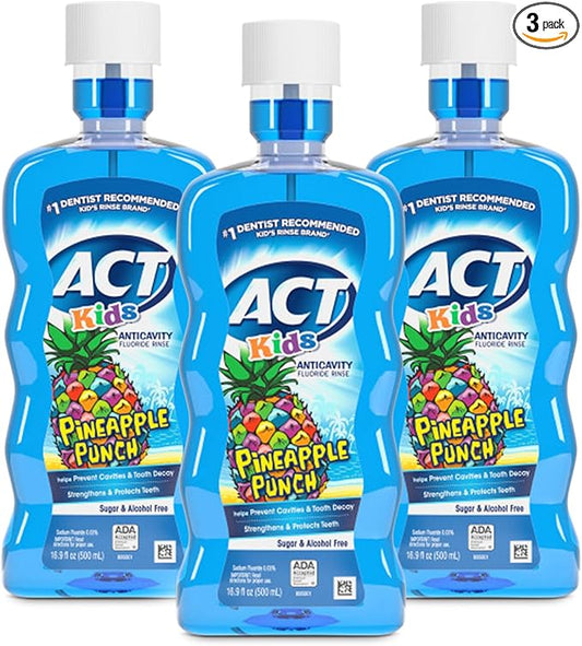 ACT Kids Anticavity Fluoride Mouthwash, Sugar & Alcohol Free Mouth Rinse Strengthens Teeth, Pineapple Punch, 16.9 fl. oz.(Pack of 3)