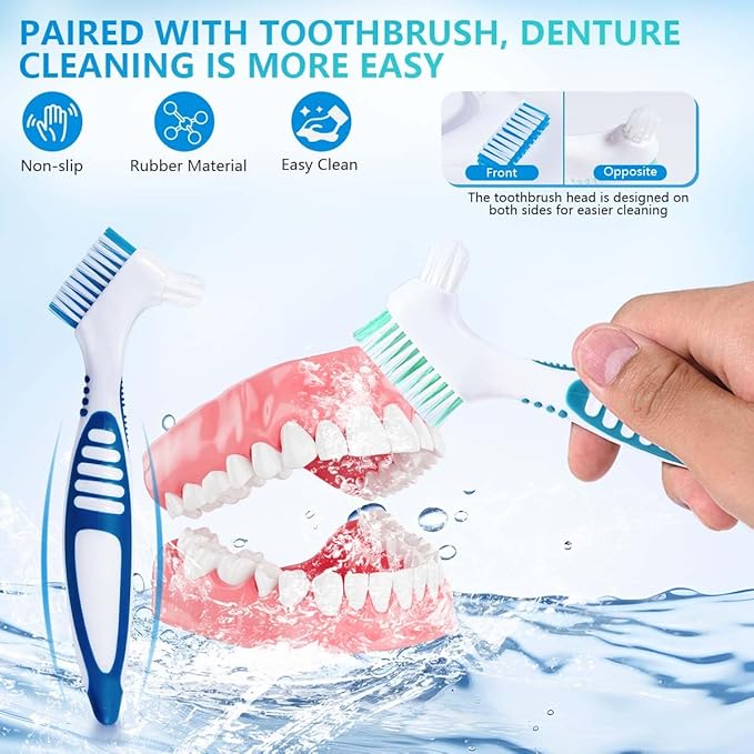 Blue Denture Bath Case Cup Box Holder Storage Container with Denture Cleaner Brush Strainer Basket for Travel Cleaning