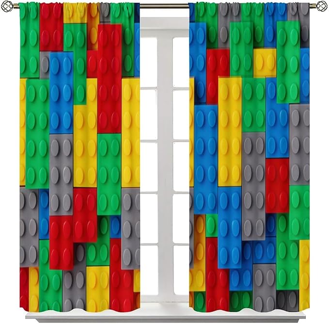 Kids Building Blocks Toy Curtains for Kids Room W42 x L54 Inch Rod Pocket Contour Plastic Colorful Toy Bricks Geometric Print Pattern Curtains for Boys Girls Bedroom 2 Panels