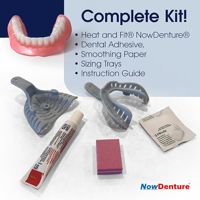 Heat and Fit™ NowDenture™ - Premium Immediate Lower Dentures - USA Made, Real Teeth, Custom Fit - No Impressions Needed for Fast Results at Home - Complete Kit with Sizing Trays - Large