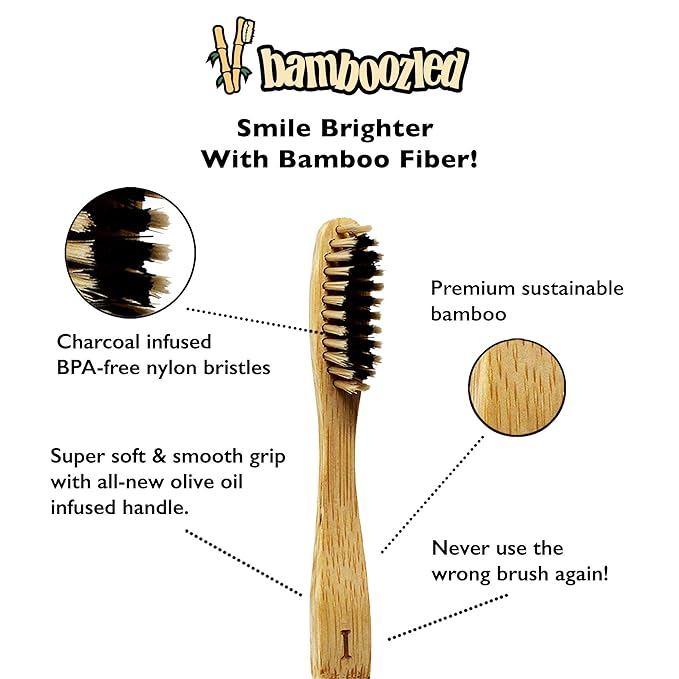 Bamboozled | Bamboo Toothbrush | BPA Free | Charcoal Infused Soft Bristles | Environmentally Friendly & Biodegradable | Set of 4 | with Bamboo Toothbrush Holder