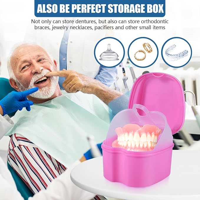 Pink Denture Bath Case Cup Box Holder Storage Soak Container with Strainer Basket for Travel Cleaning