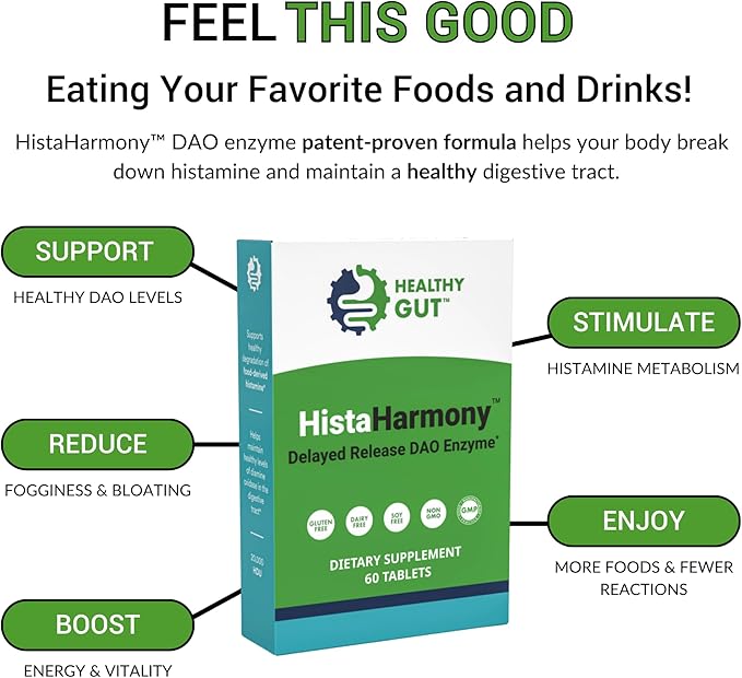 Healthy Gut HistaHarmony | Delayed Release DAO Enzyme Supplement | 30,000 HDU Diamine Oxidase Histamine Blocker | 60 Servings