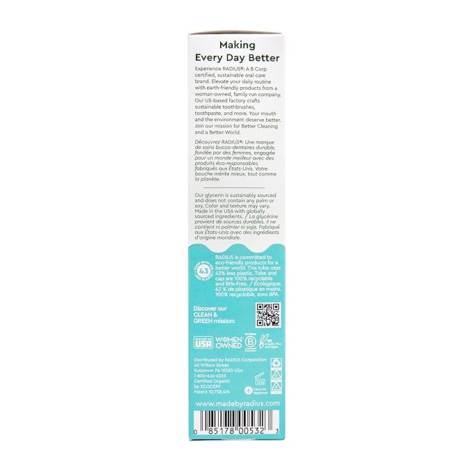 Radius Toothpaste, Mint Aloe Neem, 3 oz, USDA Organic Non-Toxic Chemical-Free Gluten-Free, Designed to Improve Gum Health & Prevent Cavities, Pack of 6
