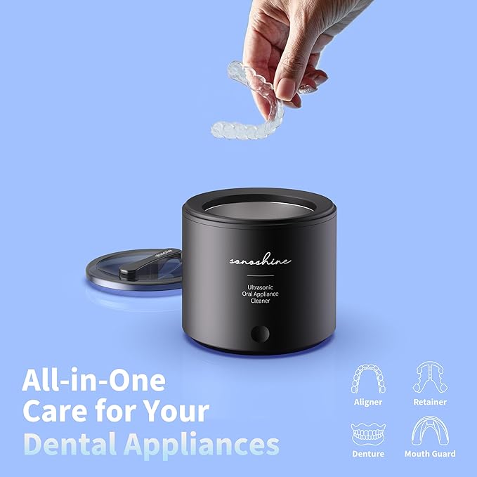 Ultrasonic Retainer Cleaner – Auto-Adjust 39-48kHz Sonic Retainer Cleaner Machine for Aligner, NightGuard, Mouth Guard, Denture & More | Easy & Quiet