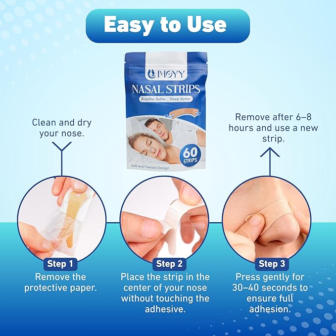 MOYY Nasal Strips - 60 Count – Extra Strong Adhesive, Hypoallergenic, Comfortable Fit for Snoring, Sleep, Cold Relief & Exercise
