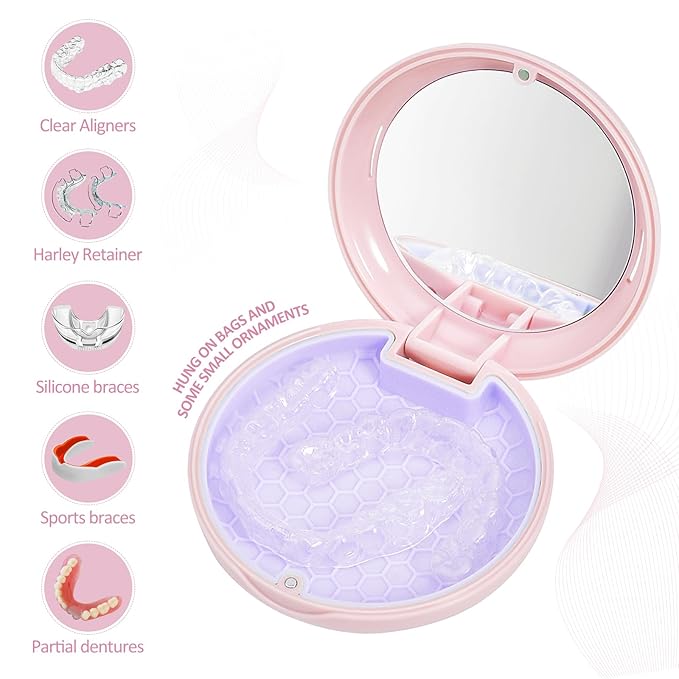 Retainer Case with Mirror and Lanyard,Slim Aligner Case with Vent Holes, Retainer Removal Tool and Brush(Pink with Lanyard)