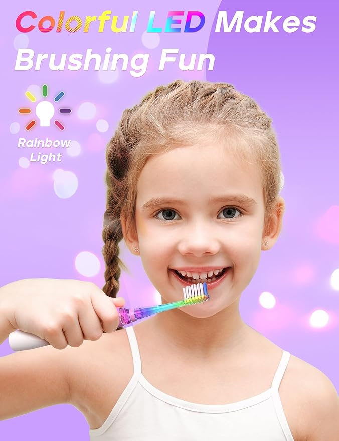 SEAGO Kids Electric Toothbrush with 2 Mins Brushing Timer and 8 Replacement Bursh Heads,Rainbow LED Light Make Brushing Fun, Blue Color Boys Battery Powerd Toothbrush for 4-12 Years Old