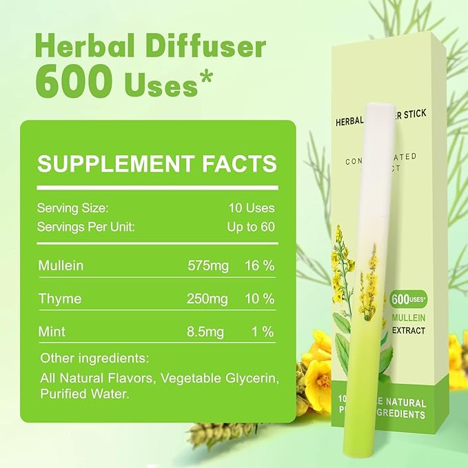 Mullein Herbal Diffuser Upgraded with Extracts of Mullein, Thyme and Mint for Cleansing Lungs, Improving Breathing and Oral Air Freshening- 2 Stick, 2 Pack