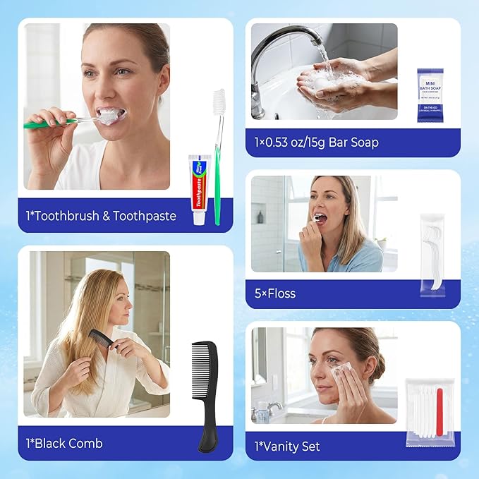 Xuezoioy 10 Sets Personal Hygiene Kit Bulk,9-IN-1 Green Disposable Toothbrushes with Toothpaste Floss Comb Soap Cover and Hotel Vanity Set Basic Travel Toiletry Supplies for Homeless,Travel,Guests
