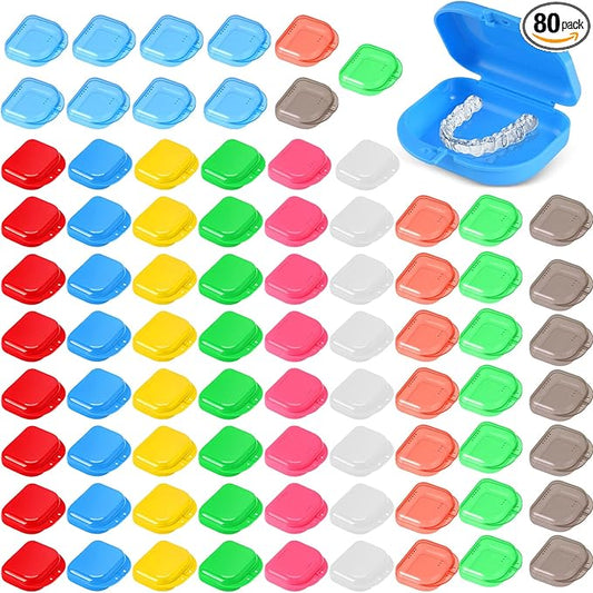 Tanlade 80 Pcs Dental Retainer Case with Vent Holes 3.4 x 2.8 x 1.1in Mouth Guard Case Assorted Retainer Holder False Teeth Container for Aligners, Travel,Night Guards, 10 Colors