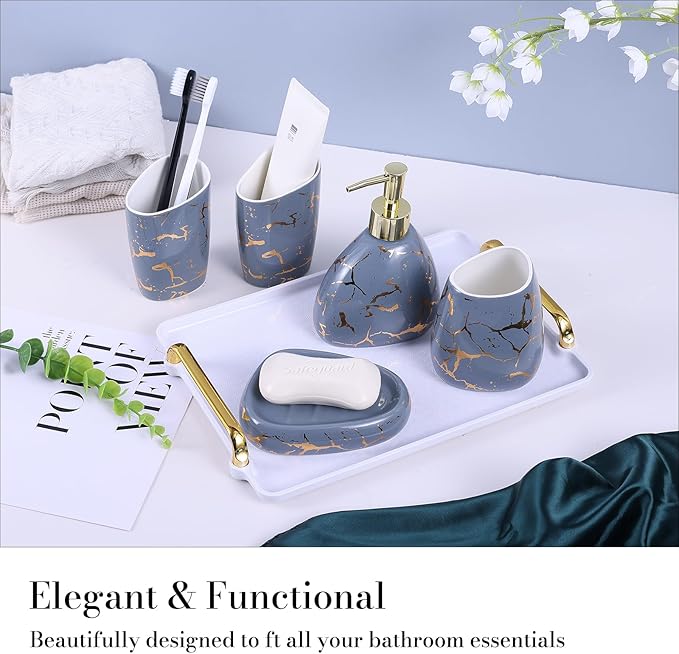 Gray Bathroom Accessories Set,Gold Marble Look Bathroom Decor,Modern 6 Piece Bathroom Accessory Set,Complete with Soap Dispenser,Toothbrush Holder,Tumbler,Tray Countertop