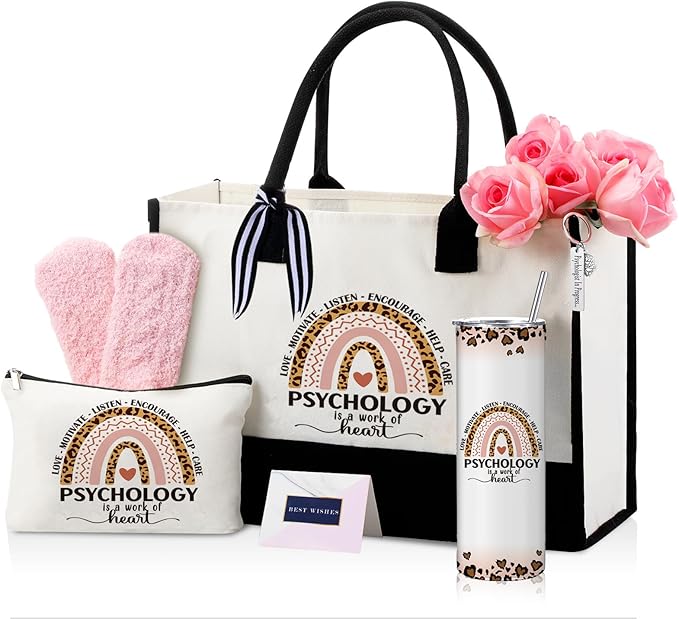 Geiserailie 8 Pcs Christmas Psychology Gifts for Women Including Large Tote Bag Cosmetic Bags Tumbler Cup Plush Socks Metal Keychain Card and Envelope for Christmas School Psychologist Thank You Gifts