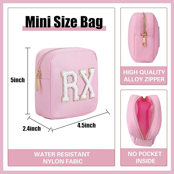 uekeboag Personalized Small Nylon Rx Cosmetic Bag, Cute Chenille Letter Patch Medicine Drug Pouch with Zipper,Preppy Makeup Travel Vitamin Bag for Women and Girls (Light Pink)