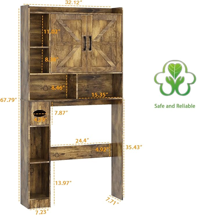 Vabches Over The Toilet Storage Cabinet, Farmhouse Storage Cabinet Over Toilet with 2 Barn Doors & Toilet Paper Holder Stand，Home Space-Saving Toilet Rack, for Bathroom, Restroom, Laundry.