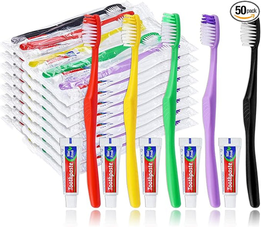 50pcs Disposable Toothbrushes with Toothpaste,Single Use Toothbrush with Toothpaste Individually Wrapped Disposable Travel Toothbrushes Kit Bulk for Homeless,Hotel,Guests(5 Colors)