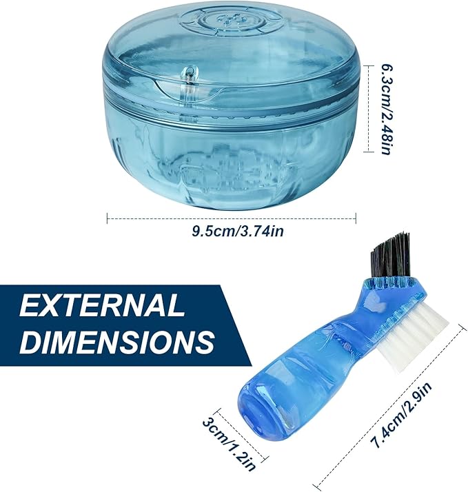 Retainer Cleaning Case,Portable No-Leak Denture Cup Case with Dentures Brush Kit, Travel Retainer Cases with Vent Holes for Clear Aligner,Mouth Guards,Night Guard,Dentures (Blue)