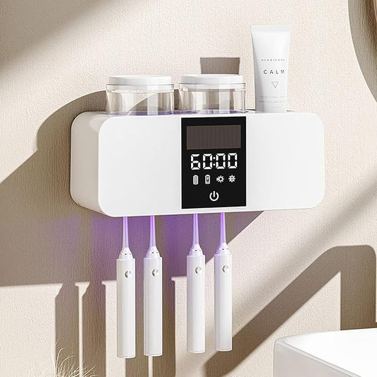 Toothbrush Holder Wall Mounted, 2 Cups Solar Powered Toothbrush Stand, Smart Toothbrush Holder with Cleaning and Drying, Cleaning Box with 4 Toothbrush Slot for Bathroom (White - 2 Cup)