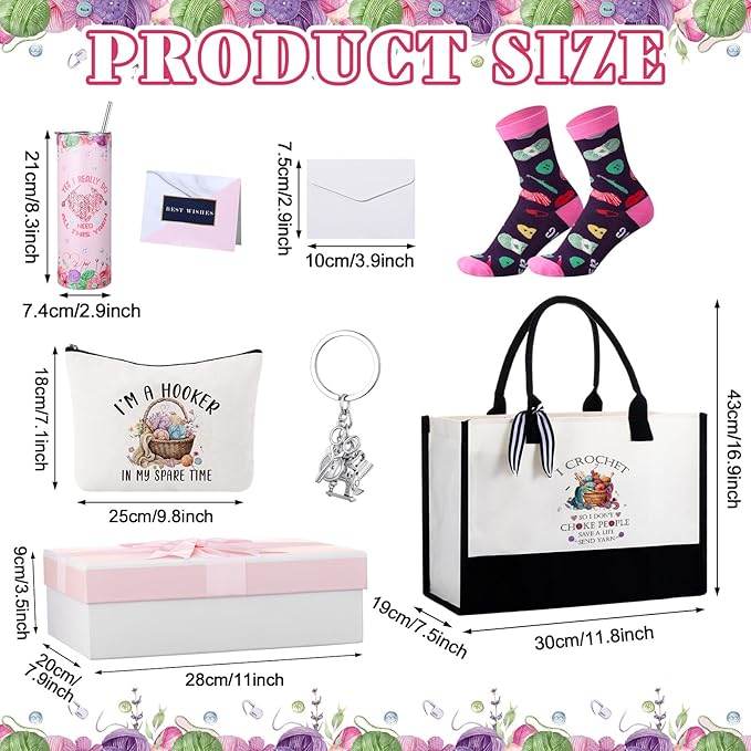 Geiserailie 8 Pcs Christmas Crochet Hobbyist Gifts for Women Including Large Tote Bag Cosmetic Bags Tumbler Cup Plush Socks Metal Keychain Card and Envelope for Crochet Hobbyist Thank You Gifts