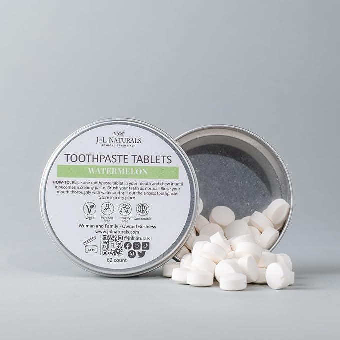 J&L Naturals Toothpaste Tablets | 62-Pack Travel-Friendly Toothpaste | Fluoride + Plastic Free, Vegan, Cruelty Free, Sustainable | Woman-Owned Small Business (Watermelon, 62 Count (Pack of 1))