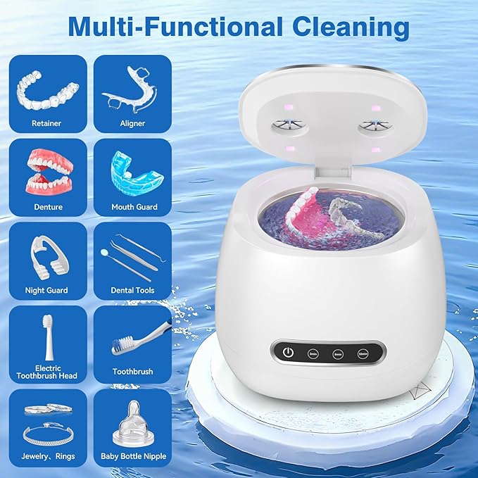 Rechargeable Ultrasonic Retainer Cleaner Machine, 45kHz Portable Dental Cleaning Pod for Dentures, Night Guards, Braces, Aligner, Toothbrush, Jewelry, 3 Cleaning Modes, 200ML Capacity, White