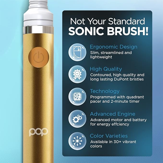 Pop Sonic Electric Toothbrush (Metallic Gold) - Travel Toothbrushes w/AAA Battery | Kids Electric Toothbrushes with 2 Speed & 15,000-30,000 Strokes/Minute, Dupont Nylon Bristles