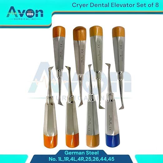 Root and Tooth Extraction Dental Cryer Elevator Pick, Sharp Angled Tip, Color-Coded Handle Ends | Autoclave-Safe German Stainless Steel Dental Instruments (8, #1L+#1R+#4L+#4R+#25+#26+#44+#45 - Set)
