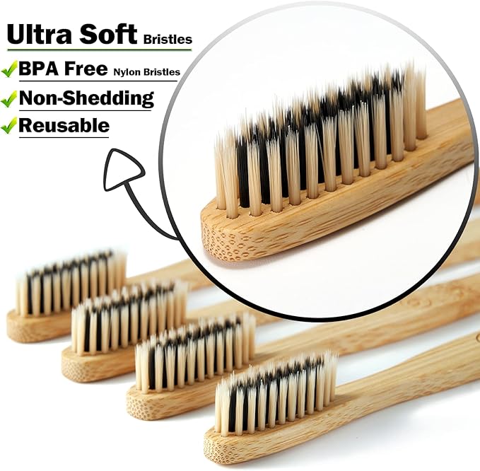 20 Count Bamboo Toothbrushes (Soft+Medium), Natural Wood Toothbrushes Bulk, Eco-Friendly, BPA Free, Biodegradable & Compostable Charcoal Wooden - Reusable Travel Toothbrush
