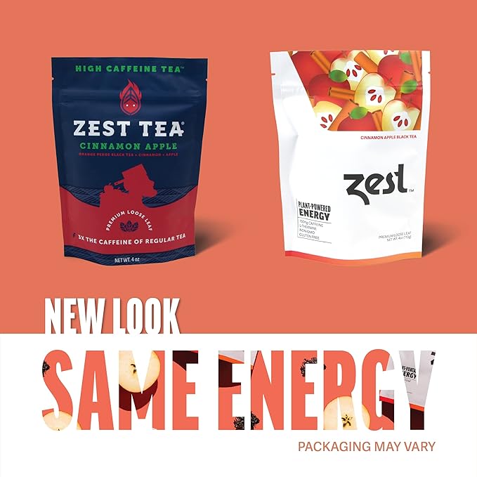 Zest 150mg High Caffeine Energy Loose Leaf Blend - Cinnamon Apple Black Tea - 4 Oz - All Natural Strong Flavored Healthy Coffee Alternative Highly Caffeinated Substitute - Perfect for Keto Diet